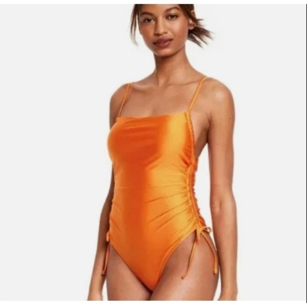Side-Ruched High Leg Cheeky One-Piece Swimsuit Medium Fe Noel Metallic Orange